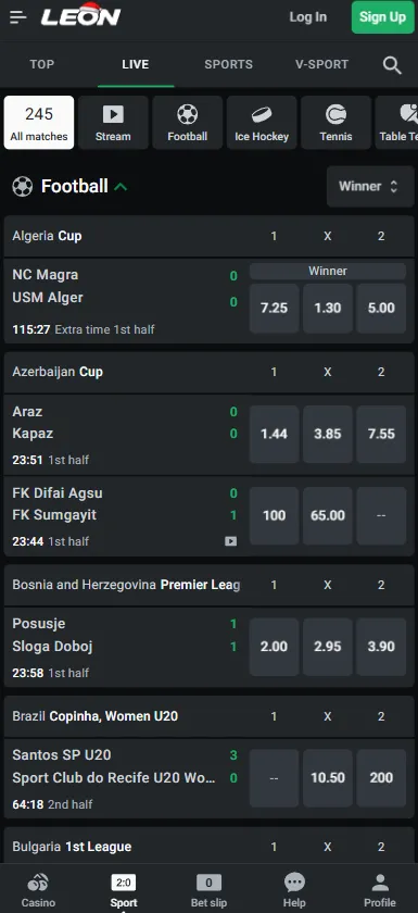 Sportbetting-avdelning på Leon