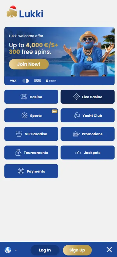 Navigeringsmeny på Lukki Casino